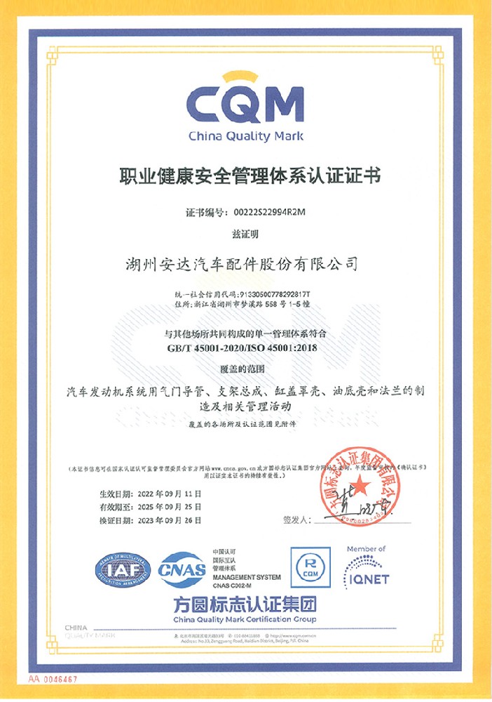 ISO 45001 Occupational Health and Safety Management System Certificate